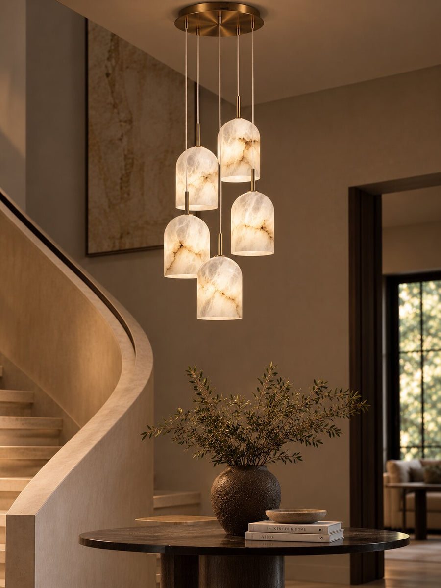 Essenzo Linear Suspension P4, four domed alabaster diffusers in a line