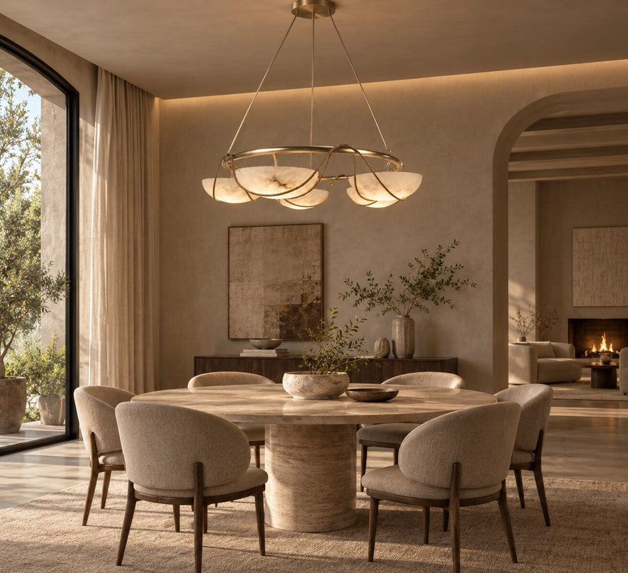 Aura Chandelier, radial Spanish alabaster shades on a circular frame, about 100 cm wide