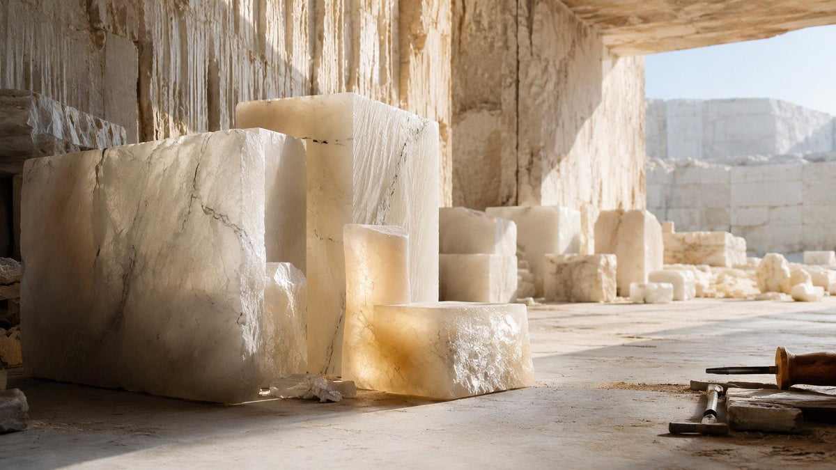 An alabaster quarry face with blocks cut from the stone