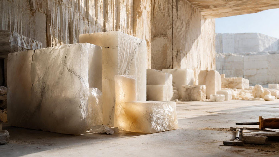 An alabaster quarry face with blocks cut from the stone
