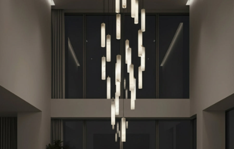Softly lit hotel-style living space with layered ambient lighting