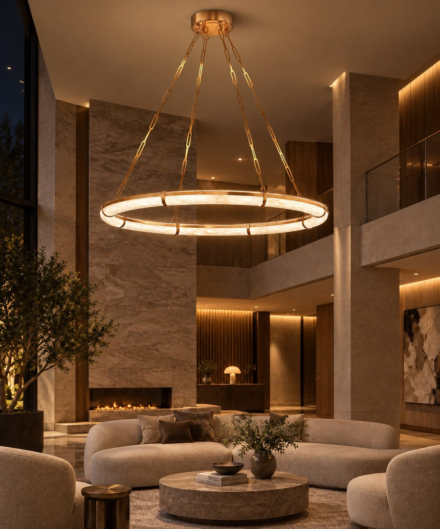 Halo Crown chandelier, a continuous ring of lit Spanish alabaster suspended on stainless wire
