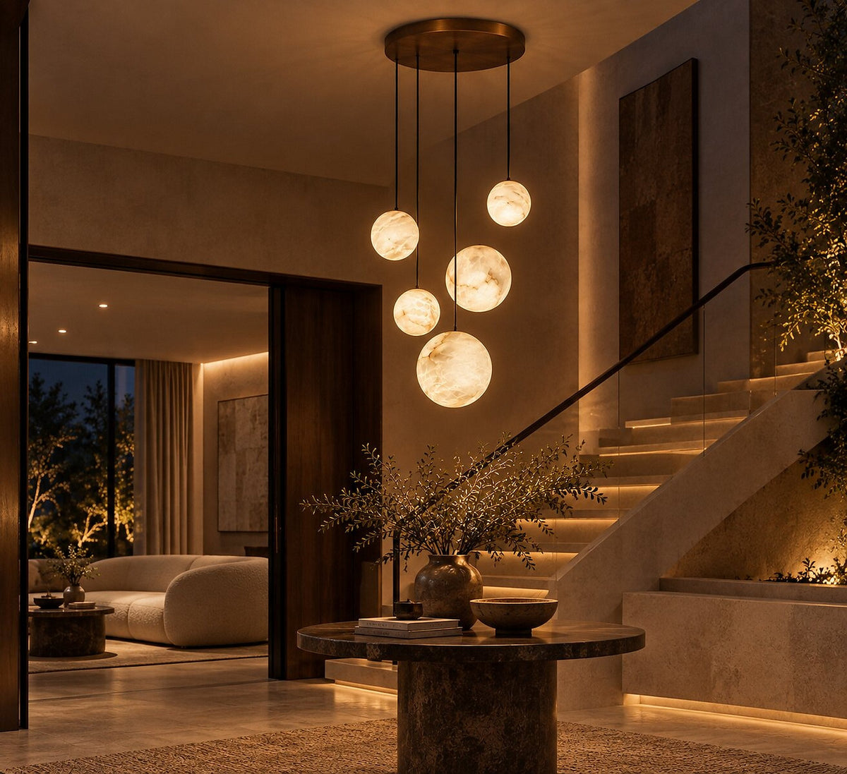 Lunar series pendant P5, five alabaster spheres hanging at different heights in a tall space