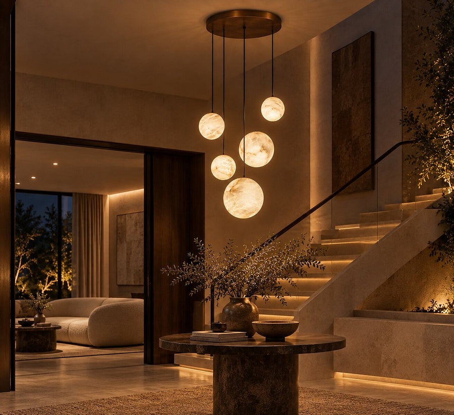Lunar series pendant P5, five alabaster spheres hanging at different heights in a tall space