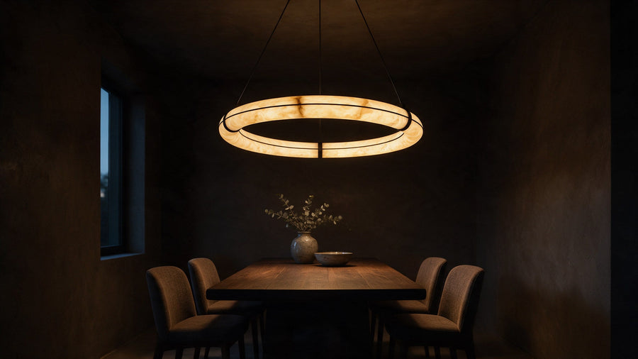 A dining room lit by an alabaster pendant above the table