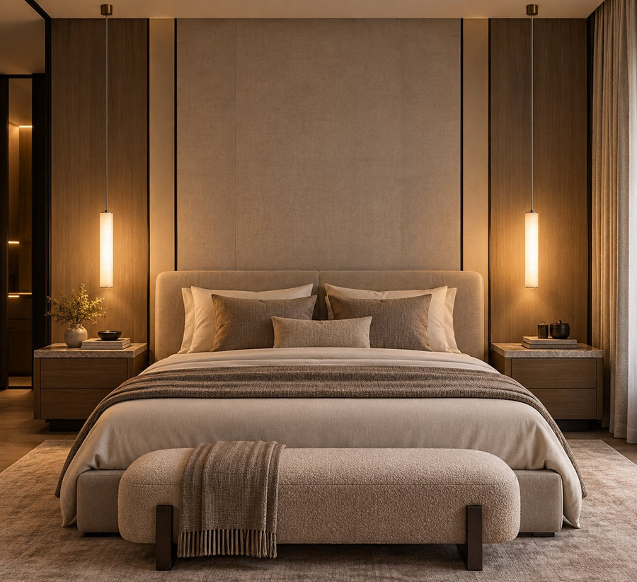 Alabaster Linea Pendant, a slender column of Spanish alabaster lit from within on a stainless rod