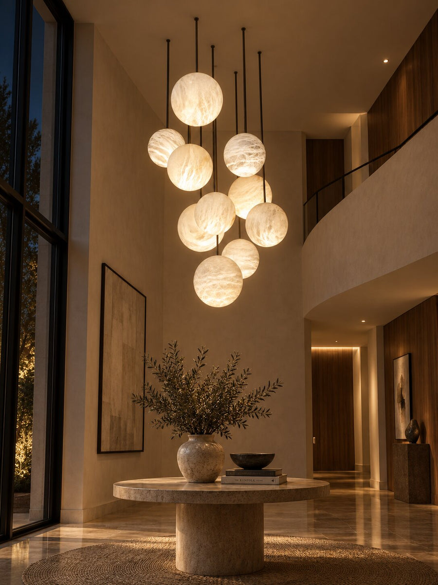Lunar Series Pendant Lamp P10, a composition of hand-carved alabaster spheres