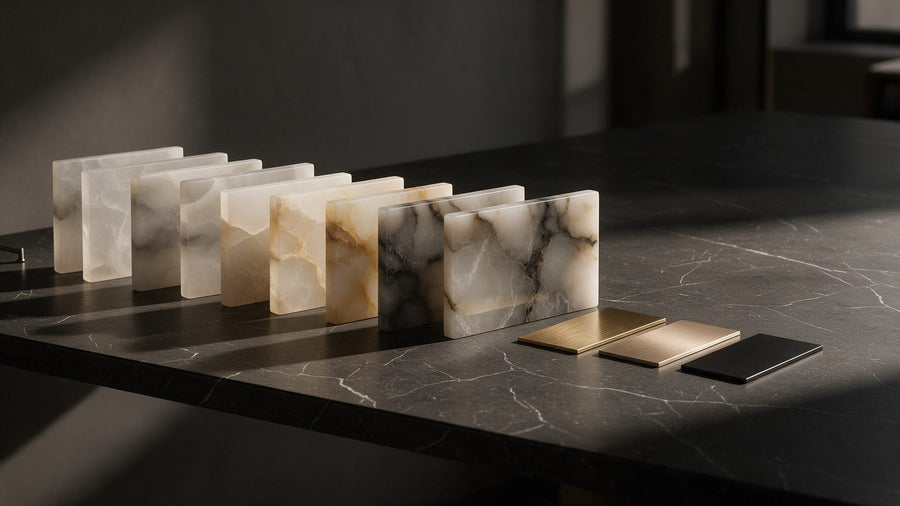 Alabaster sample tiles in a row beside brass, champagne gold and black finish swatches