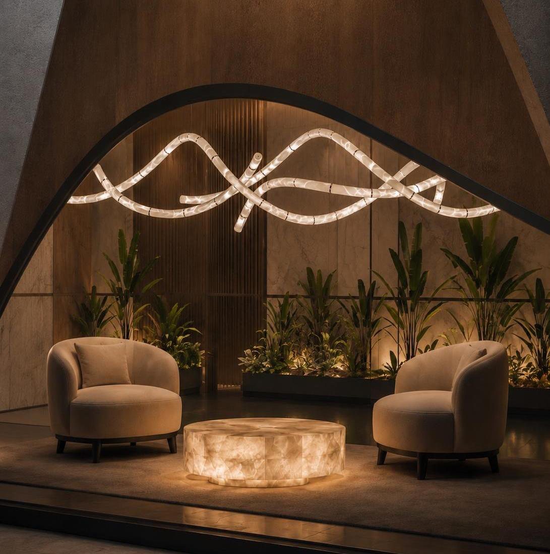Five interwoven luminous paths above a curved window, with an armchair below