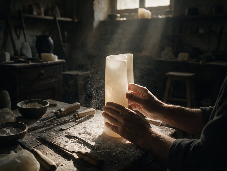 Hands shaping a cylinder of alabaster at a dusty workbench