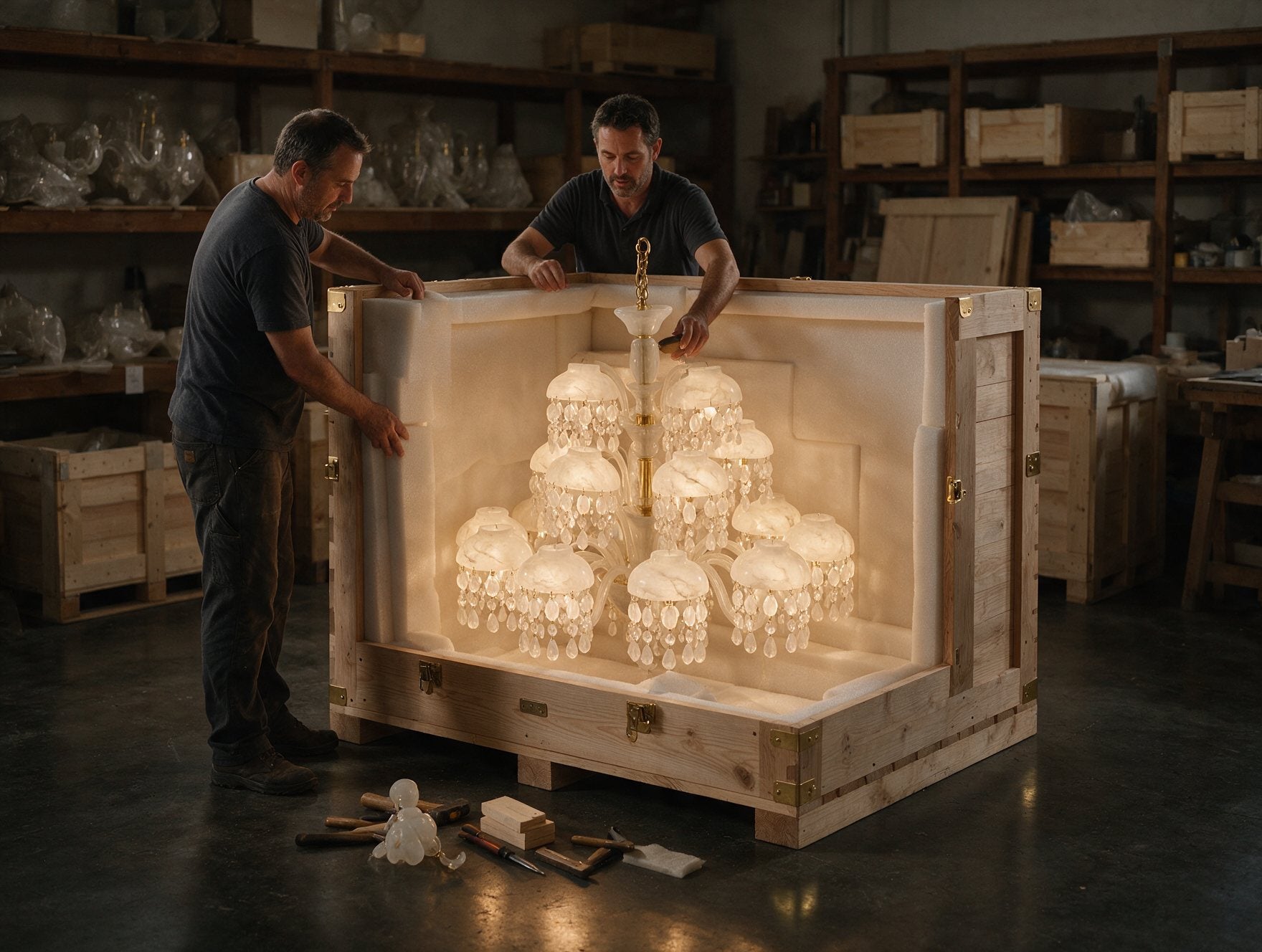 Final inspection and packing of a chandelier