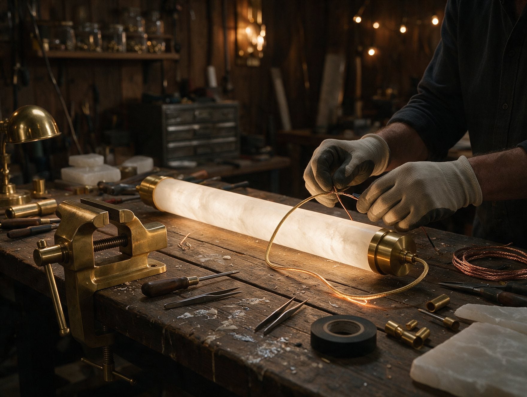 Technician wiring an alabaster tube light