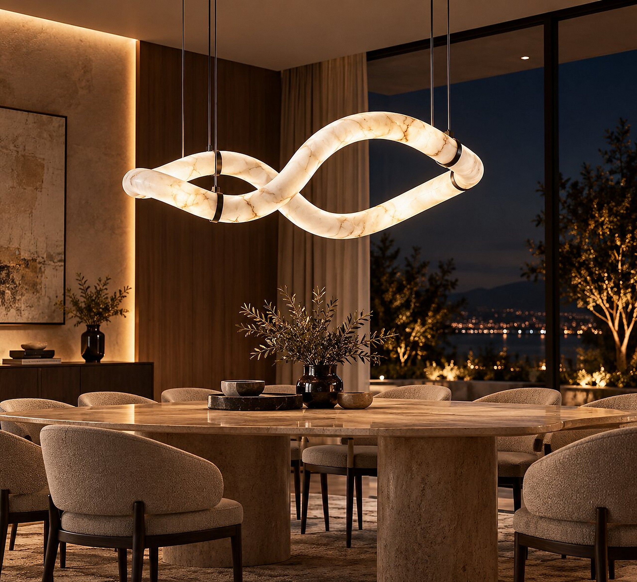Halo Infinia chandelier, nested rings of Spanish alabaster lit from within and hung from a single canopy