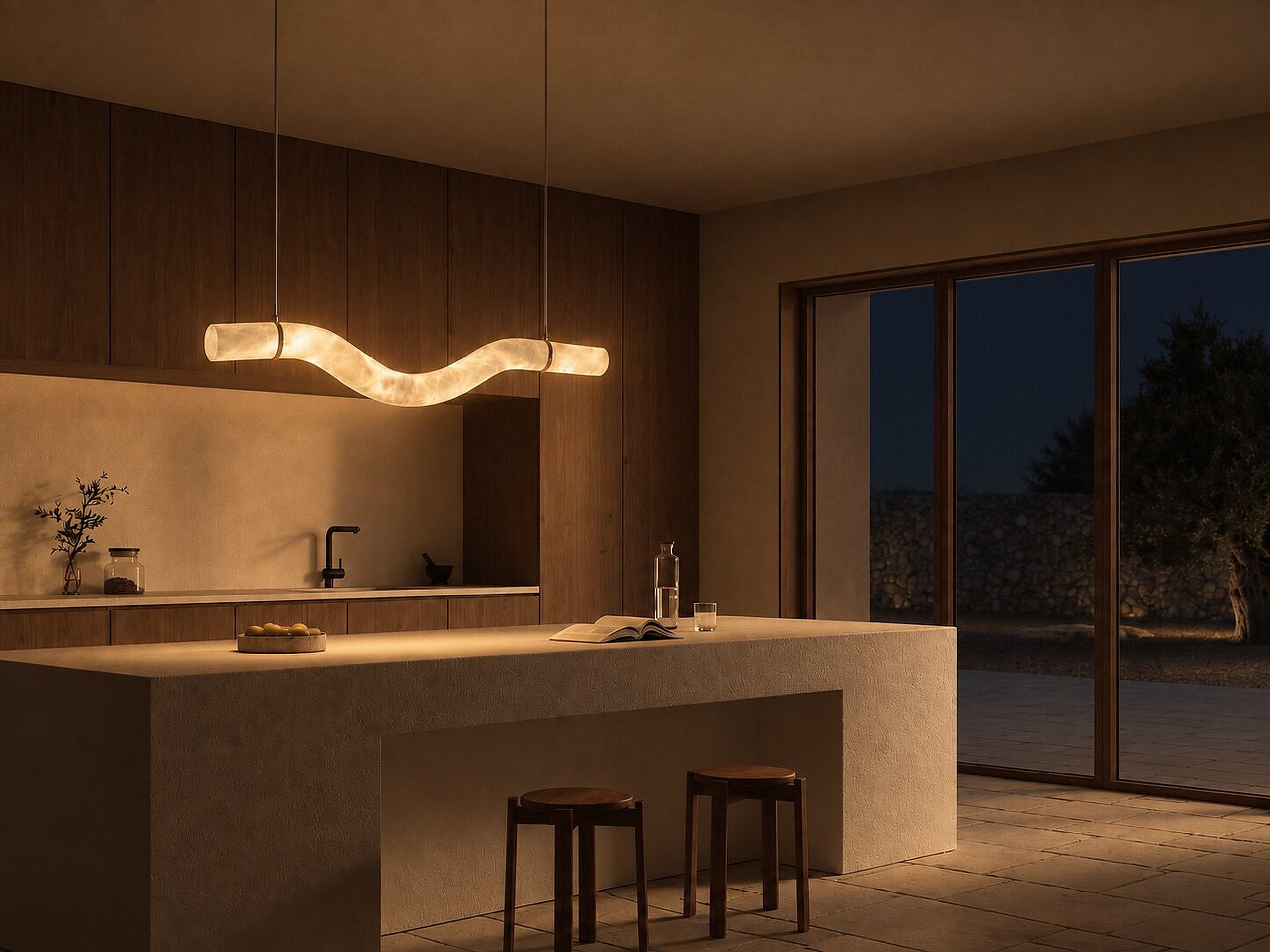 Halo Nile chandelier S1, a long alabaster composition hanging over a dining table