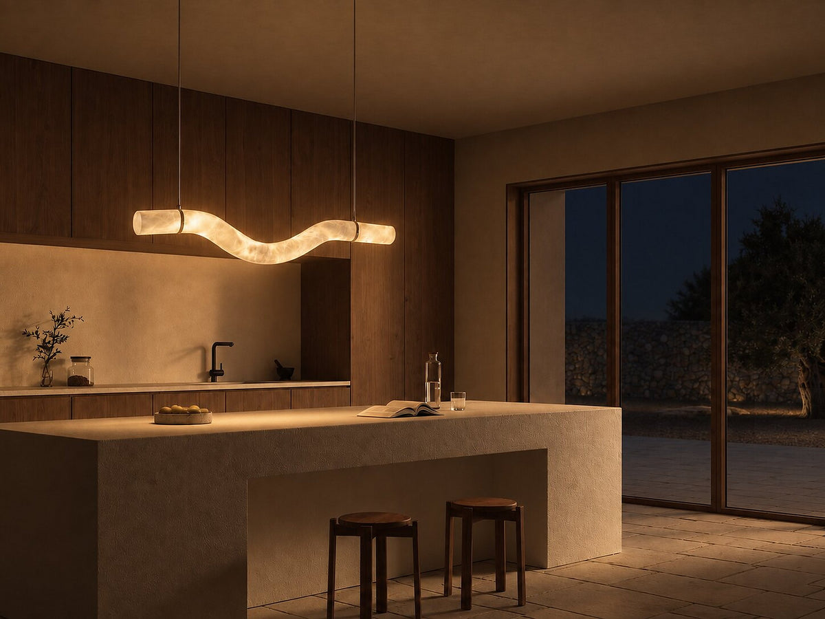 Halo Nile chandelier S1, a long alabaster composition over a table