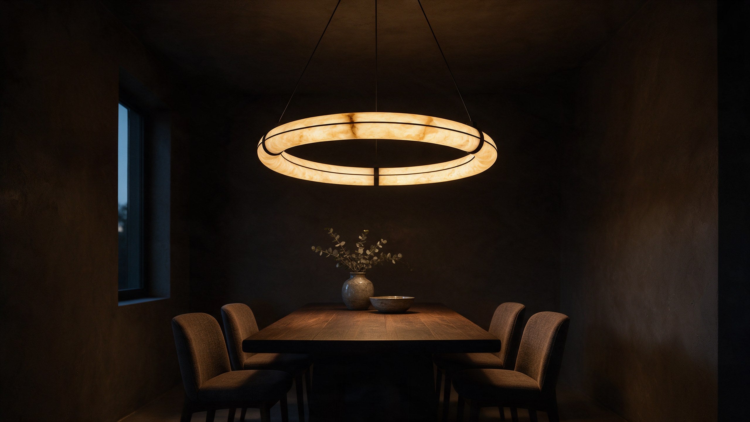 A dining room lit by an alabaster pendant hung low over the table, the stone glowing warm against a dark ceiling