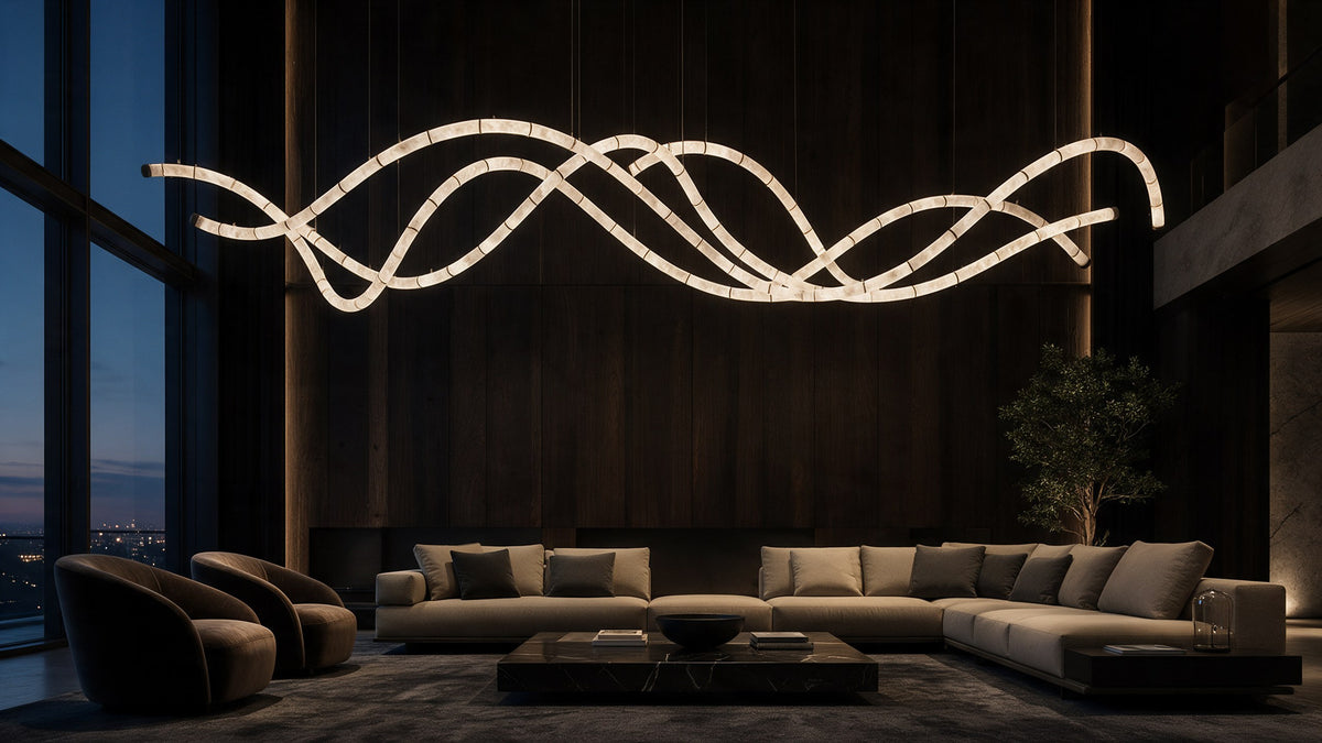 A living room with an alabaster chandelier as the central light