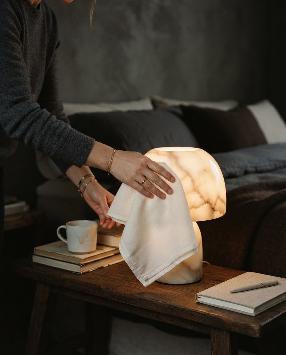 A hand wiping an alabaster table lamp with a soft dry cloth