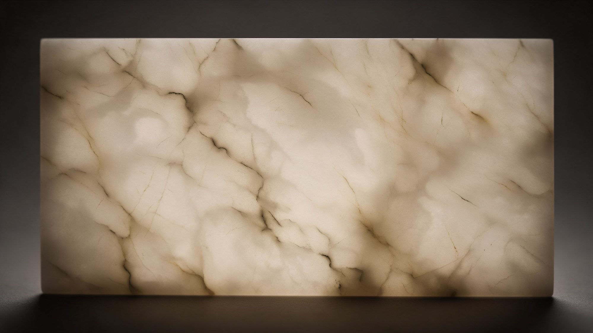 A thin slab of Spanish alabaster lit from behind, showing cloudy translucency and fine mineral veining