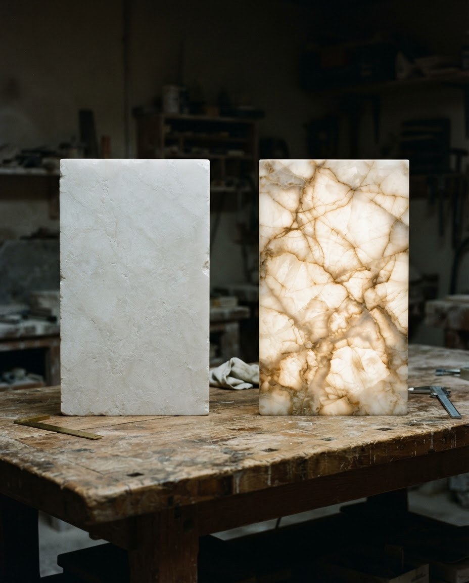 Two alabaster panels on an inspection table, one unlit and one lit from behind, showing how the stone changes when light passes through