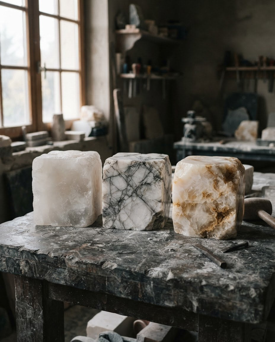 Three alabaster blocks side by side, one soft and cloudy, one with grey veins, one with warm amber inclusions